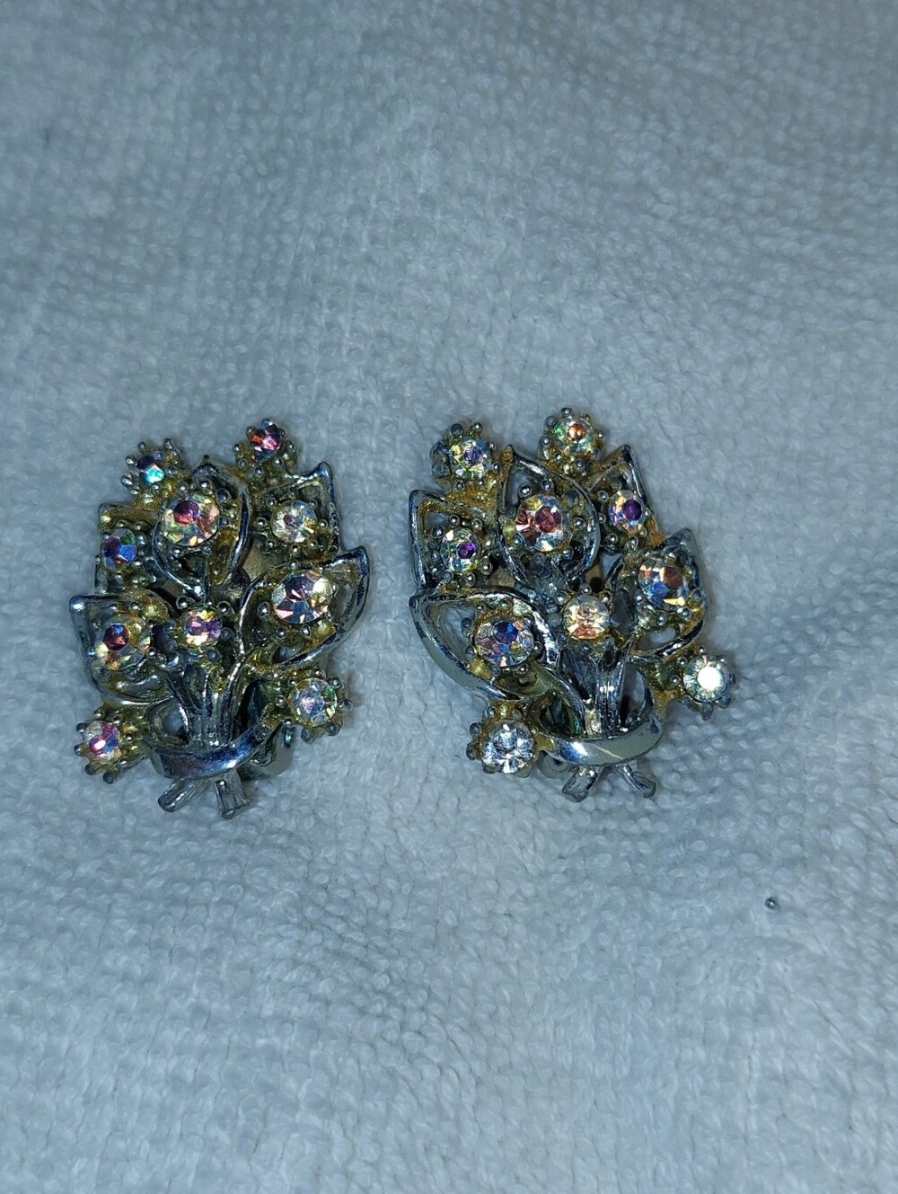 Vintage Aurora Borealis Crystal Floral Clip-On Earrings - Gold & Silver